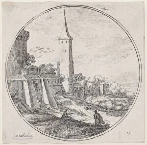 Plate 2: two figures outside of the walls of a town, a tower at center, 1680-1747. Creator: Lodovico Mattioli