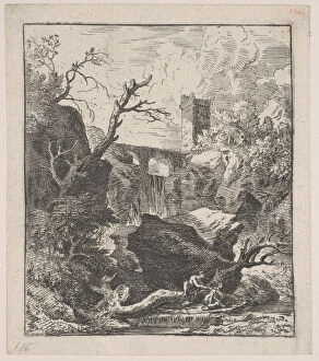Gaspard Dughet Collection: Plate 2: two figures sitting on a tree trunk on the bank of a stream in foreground