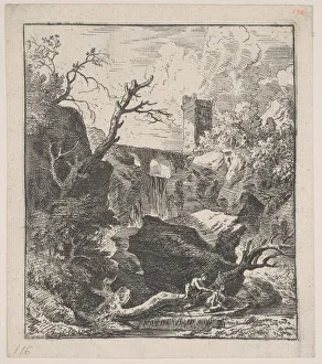 Dughet Gaspar Prints: Plate 2: two figures sitting on a tree trunk on the bank of a stream in foreground