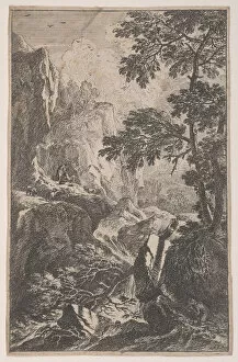 Plate 2: a hunter aiming with his gun, kneeling next to a large rock at right, a ma