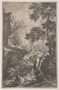 Plate 2: a hunter aiming with his gun, kneeling next to a large rock at right, a ma