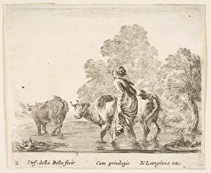 Plate 2: a peasant woman herds two cows across a stream, walking towards the left... ca