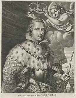 Plate 2: Portrait of Philip IV, King of Spain, being crowned; from Guillielmus Becanus s... 1636