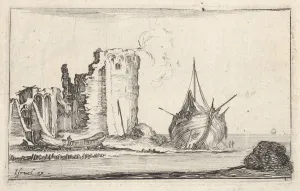 Beached Prints: Plate 2: a ship at right and a rowboat at left, washed up on shore, a tower in ruins b