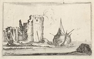 Della Bella Gallery: Plate 2: a ship at right and a rowboat at left, washed up on shore, a tower in ruins b