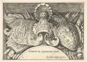 Caravaggio Prints: Plate 2: trophies of Roman arms from decorations above the windows on the second floor