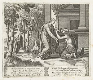 Mythological Figure Gallery: Plate 20: Juno, standing at left, sends away Psyche, who kneels before her, from the St... 1530-60