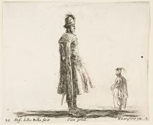 Nicolas Gallery: Plate 20: an old Polish nobleman wearing a plumed hat in center, standing in profil