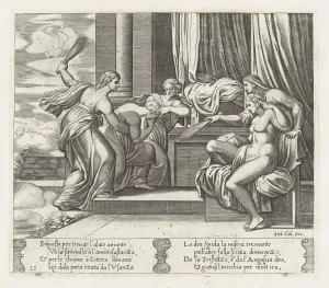 Die Master Of The Collection: Plate 21: Female personifications of Sorrow and Pain at right punishing Psyche at the b... 1530-60