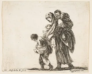 Langlois Nicolas Prints: Plate 22: a beggar woman with three children, one child on her shoulders, one child