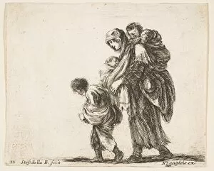 Nicolas Gallery: Plate 22: a beggar woman with three children, one child on her shoulders, one child
