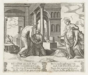 Mythological Figure Gallery: Plate 22: Venus standing at right ordering Psyche to sort a pile of grain, at left the... 1530-60