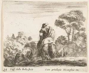 Plate 24: herdsman atop a horse, seen from behind, leads his cattle down a hill, a Plate 24: herdsman atop a horse, seen from behind, leads his cattle down a hill, a