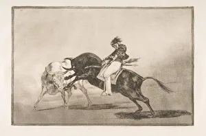 Francisco De Prints: Plate 24 of the Tauromaquia : The same Ceballos mounted on another bull breaks short