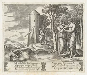 Die Master Of The Collection: Plate 24: Venus and Psyche standing at right, pointing to the underworld at center, int... 1530-60