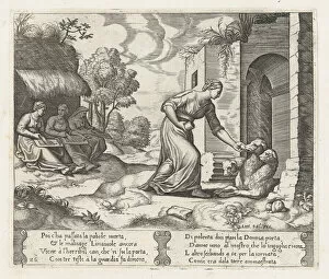 Mythological Creature Gallery: Plate 26: Psyche enters the underworld giving an offering to Cerberus, with two elderly... 1530-60