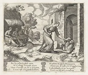 Plate 26: Psyche enters the underworld giving an offering to Cerberus, with two elderly... 1530-60. Creator: Master of the Die