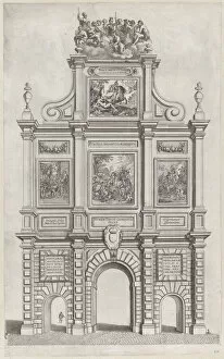 Wolf Gallery: Plate 27: Triumphal arch, elevation of the back, surmounted by allegorical figures and dec... 1636
