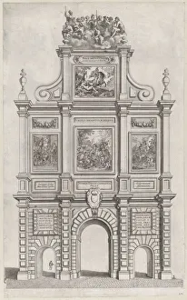 Jupiter Gallery: Plate 27: Triumphal arch, elevation of the back, surmounted by allegorical figures and dec... 1636