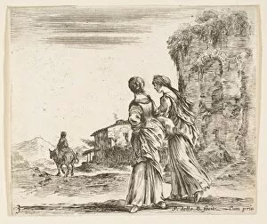 Nicolas Gallery: Plate 3: two girls walking towards the left, seen from behind, a woman on a horse t