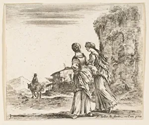 Plate 3: two girls walking towards the left, seen from behind, a woman on a horse t
