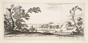 Plate 3: two horsemen crossing a river to right, a woman with two baskets atop a donke Plate 3: two horsemen crossing a river to right, a woman with two baskets atop a donke