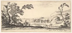 Plate 3: two horsemen crossing a river to right, a woman with two baskets atop a donke