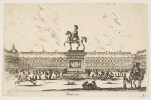 Place Royale Prints: Plate 3: La Place Royale, equestrian statue of Louis XIII in profile facing the left in