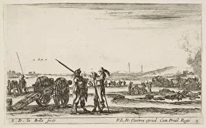 Cannonballs Gallery: Plate 3: An officer giving orders to a solider in centre foreground, cannon at left, f