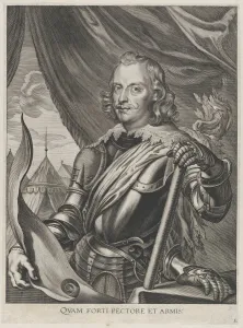 Plate 3: Portrait of Ferdinand Cardinal Infante of Spain, in military armor; from Guilliel... 1636. Creators: Jacobus van Schoor, Johannes Meursius, Willem van der Beke