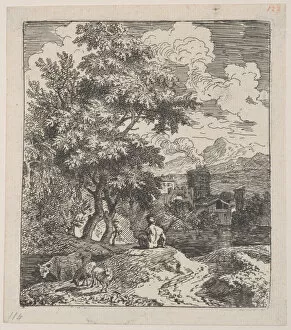 Beich Joachim Franz Collection: Plate 3: a shepherd seated on a hill, a cow and two sheep at left, and a town in ri