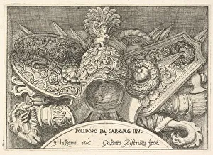 Caravaggio Prints: Plate 3: trophies of Roman arms from decorations above the windows on the second floor of