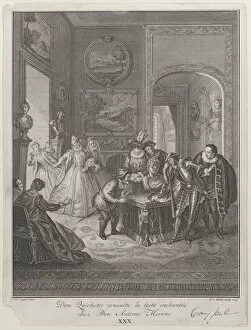 Plate 30: Don Quixote consults the enchanted head at Don Antonio Moreno's house (Don Quich..., 1745)