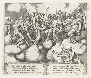 Plate 30: Venus and Cupid pleading their case before Jupiter and other Gods with Mercur... 1530-60. Creator: Master of the Die