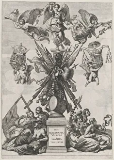 Shield Collection: Plate 33: Armorial trophy on a Tuscan column, surrounded by allegorical figures and cherub... 1636