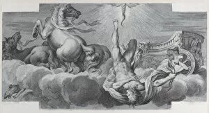 Bartolomeo Crivellari Gallery: Plate 34: Auriga, the charioteer, falls from the chariot at center, with three horses at l... 1756