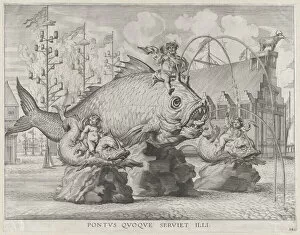 Whale Collection: Plate 34: King Ferdinand as Neptune, seated on a whale at center, with putti atop two smal... 1636