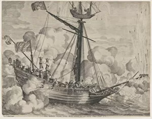 Triumph Gallery: Plate 37: Triumphal ship with fireworks display to the right; from Guillielmus Becanus s... 1636