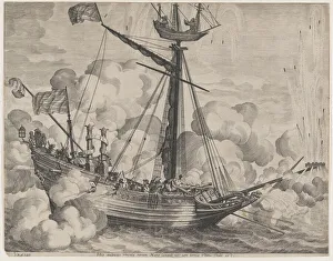 Crows Nest Prints: Plate 37: Triumphal ship with fireworks display to the right; from Guillielmus Becanus s