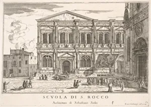Sebastiano Prints: Plate 37: Side view of the school of St. Roch at left and view of facade of the church of