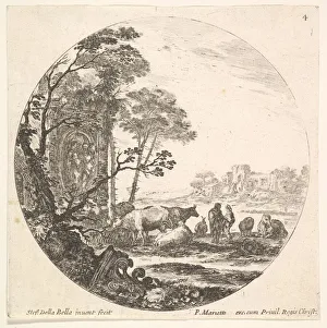 Plate 4: a Corinthian capital on the ground to left in the foreground, a monument w