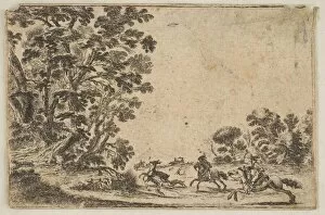 Deerhound Collection: Plate 4: a deer hunt, two horsemen galloping towards the rightbehind three dogs