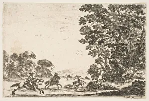 Deerhound Prints: Plate 4: a deer hunt, two horsemen galloping towards the left behind three dogs