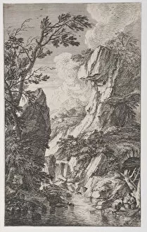 Plate 4: two fishermen on the bank of a stream at right, a waterfall at center, fro