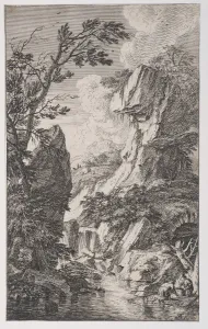 Beich Joachim Franz Collection: Plate 4: two fishermen on the bank of a stream at right, a waterfall at center, fro