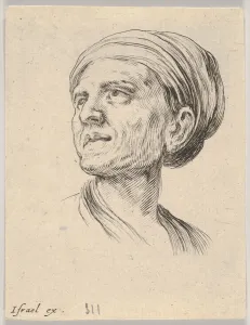 Della Bella Prints: Plate 4: head of an old woman with a bonnet, looking left from Various heads
