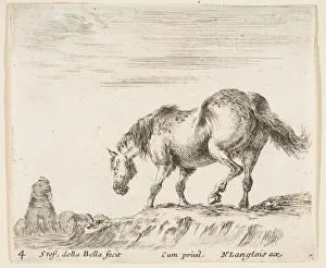 Langlois Nicolas Prints: Plate 4: a horse in profile facing the left, about to descend from a mound, a horse