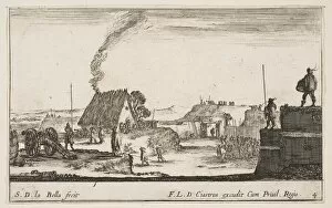 Pierre Collection: Plate 4: A military encampment with a soldier standing on a parapet to the right beati