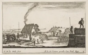 Mariette Prints: Plate 4: A military encampment with a soldier standing on a parapet to the right beati