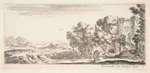 Plate 4: two pilgrims observing ruins to right, one pointing towards the right, a shep Plate 4: two pilgrims observing ruins to right, one pointing towards the right, a shep